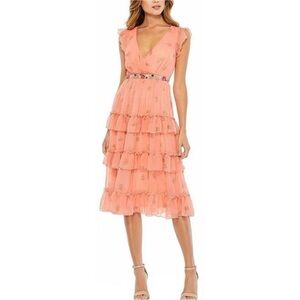 NWT Mac Duggal Floral Print V-Neck Dress Cap Sleeve Tiered Apricot Orange